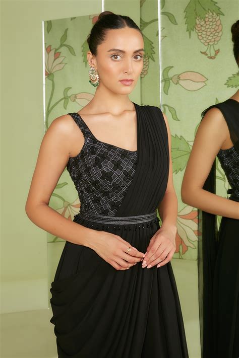 Buy Black Georgette Embroidered Cutdana Work V Neck Pre-draped Jumpsuit ...