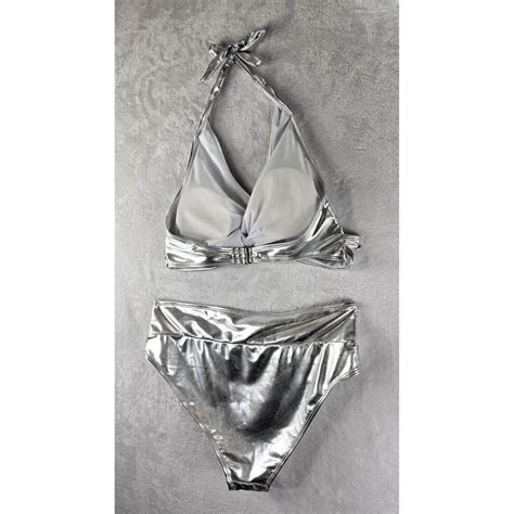 Silver Metallic Bathing Suit Bikini Sz XL Two Piece... | Depop