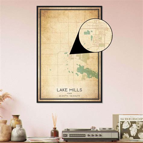 Vintage Lake Mills Iowa Map Poster, Lake Mills IA City Road Wall Art ...