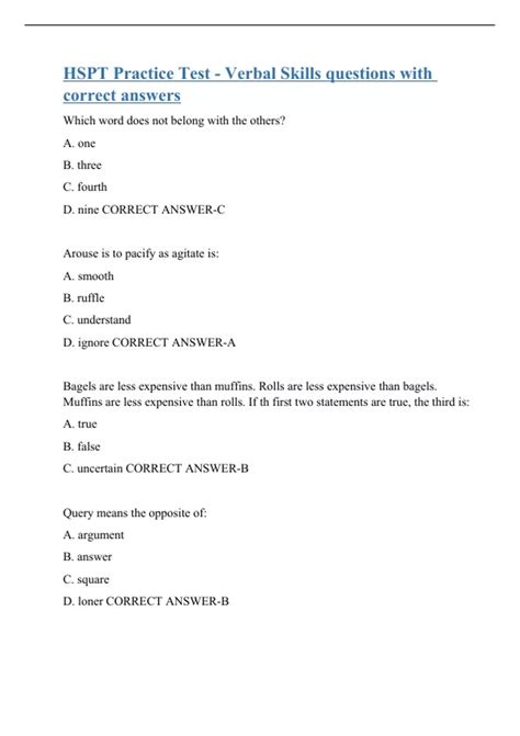 HSPT Practice Test - Verbal Skills questions with correct answers ...