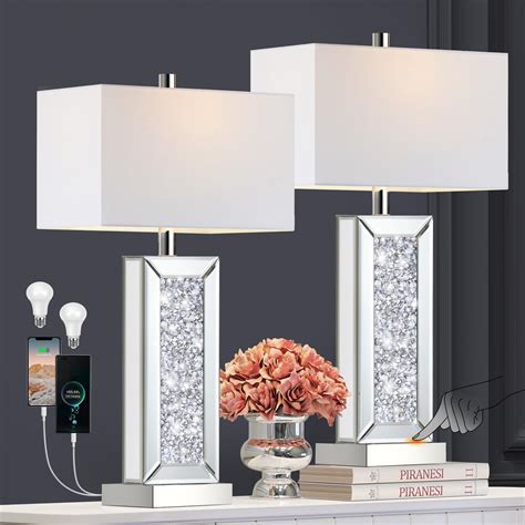 Modern Table Lamp Set of 2 Touch Control, Silver Mirror Big Diamond ...