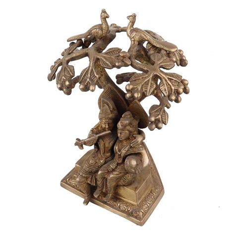 Handmade Brown Brass Radha Krishna Statue Under Kadam Tree