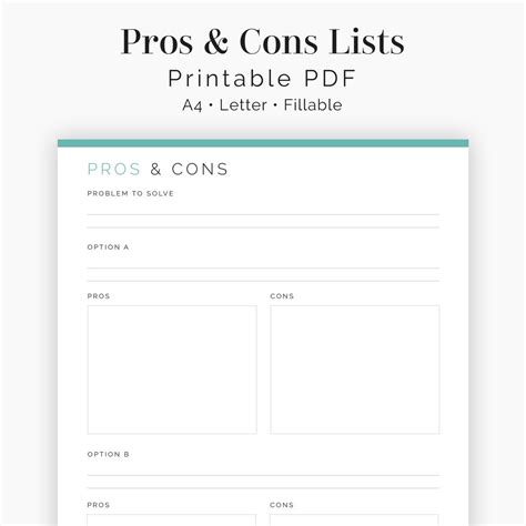 Pros and Cons Lists (2 Layouts) - Fillable - Printable PDF - Decision Making Help, Life Planner ...