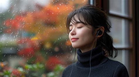 Woman listening to music near window