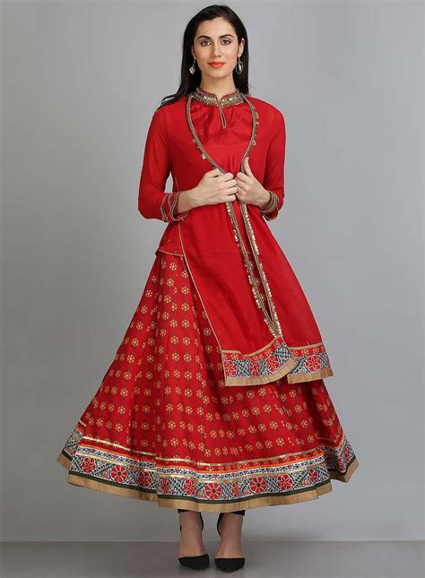 Buy Red Printed Mandarin Neck Ethnic Set Online for Wishful