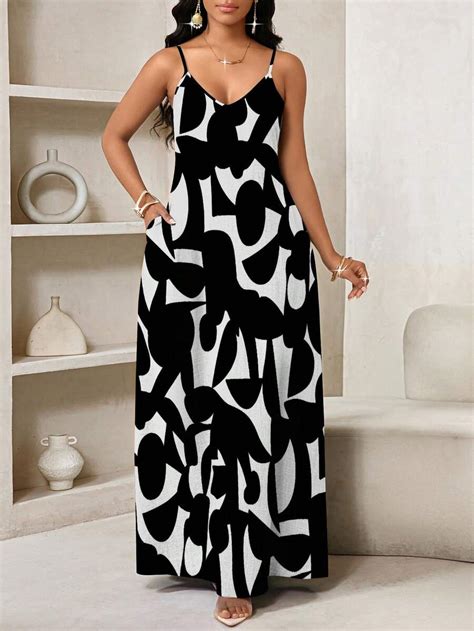 SHEIN Lady Geometric Print, Long Slip Dress Suitable For Everyday ...