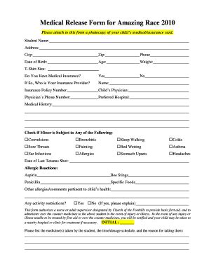 Fillable Online Medical Release Form for Amazing Race 2010 - Clover Fax ...