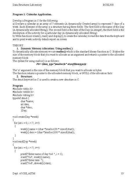 BCSL305 Program 1: C Calendar Application Structure and Functions - Studocu