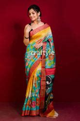 Pure Tussar Kalamkari Hand Painted Saree - Sea Green with Zari Border ...