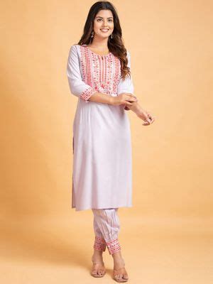 Buy Suti Women Rayon Embroidery Work Kurta & Pant Lavender (Set of 2 ...