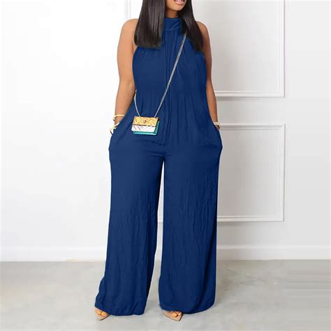 Jumpsuit Women's Plus Size Jumpsuit Summer Beach Sleeveless Solid Color ...