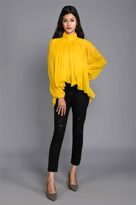 Yellow Full Gathered High Neck Chiffon Top – Mevinine