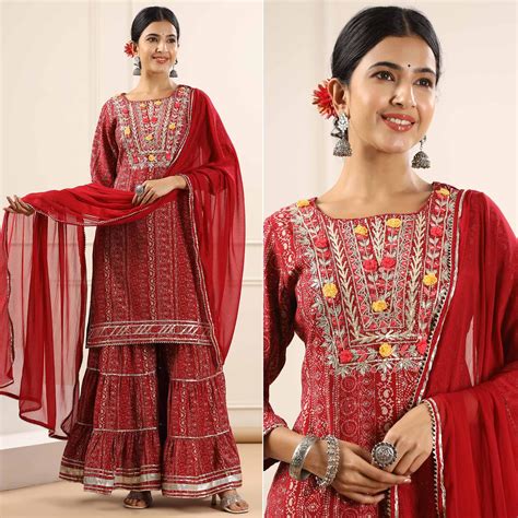 Maroon Printed With Embroidered Muslin Sharara Suit
