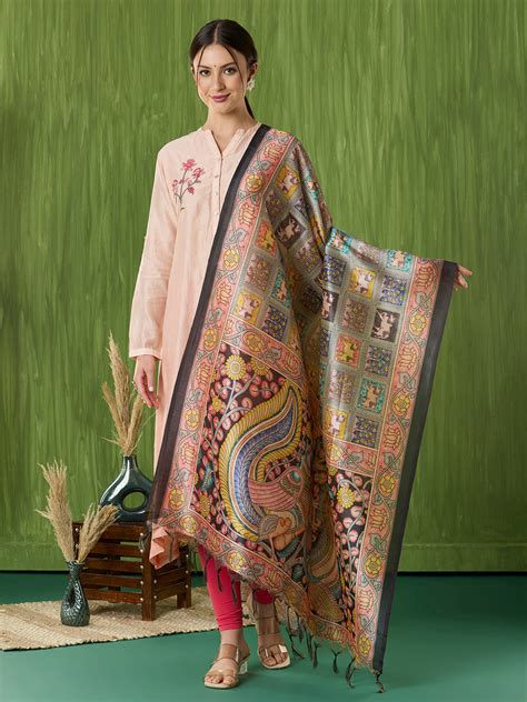 Ethnic Pichwai Printed Peach & Multi Assam Silk Dupatta – Dupatta Bazaar