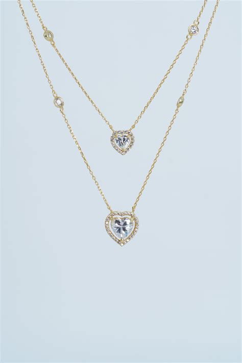 DOUBLE-LAYER GOLD PLATED CZ HEART CHAIN – Coswan