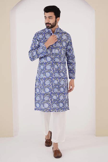Buy Blue Cotton Pure Floral Print Kurta For Men by Nero India Online at ...