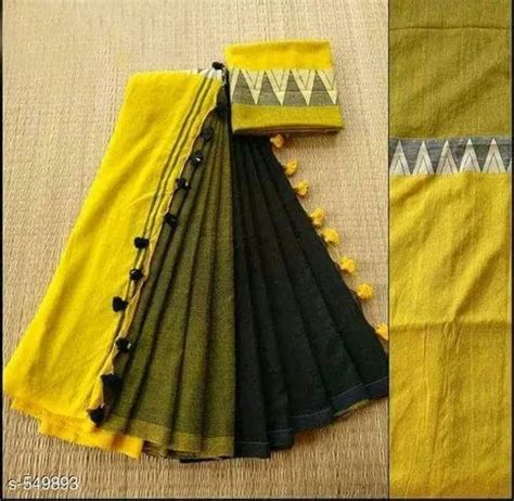 INDIAN LINEN SAREE Yellow and Black Colour Linen Saree (With Unstitched ...
