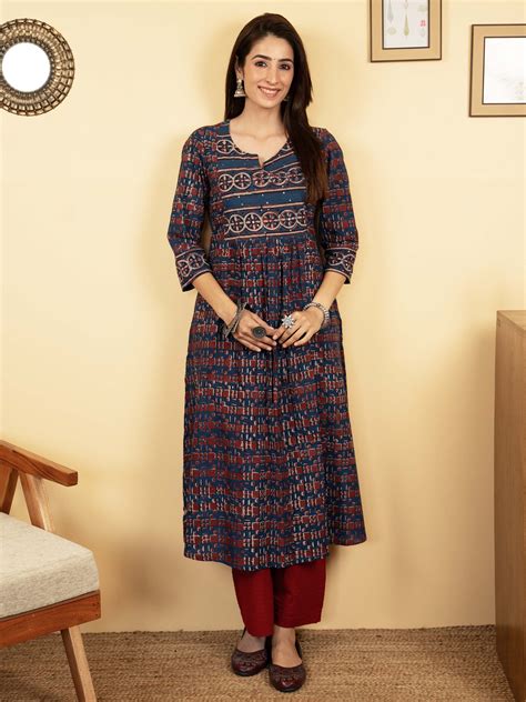 Indigo Colour Cotton Geometric ikat KURTA – Vari