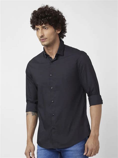 Buy Online|Spykar Men Black Dyed Regular Slim Fit Full Sleeve Plain Shirt