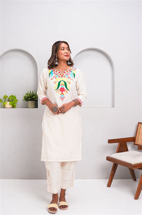 ZAIB- White Multicolor Embroidered two piece Set - Ishnya