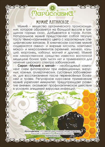 Медовый сироп "Мумиё с мятой" Объём 250 мл купить / Сиропы ...