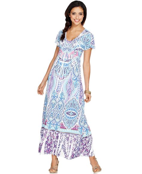 Style&co. Dress, Flutter Sleeve Studded Printed V-Neck Maxi - Dresses ...