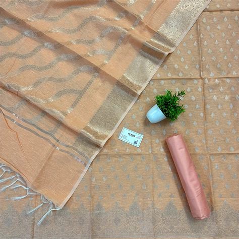 Peach Golden Zari Linen Silk Banarasi Suit – Mohsin Textiles