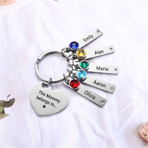 Personalized Heart Keychain with Birthstones Engraved 4 Names Family Keychain
