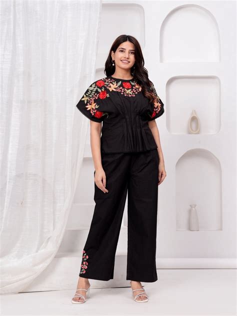 Embroidered Cotton Co-Ord Set | Black Embroidered Cotton Co-Ord Set ...