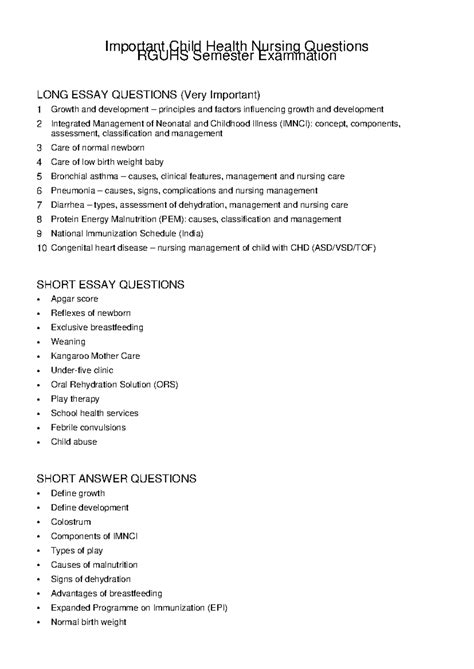 Child Health Nursing Important Questions RGUHS Exam Guide - Studocu