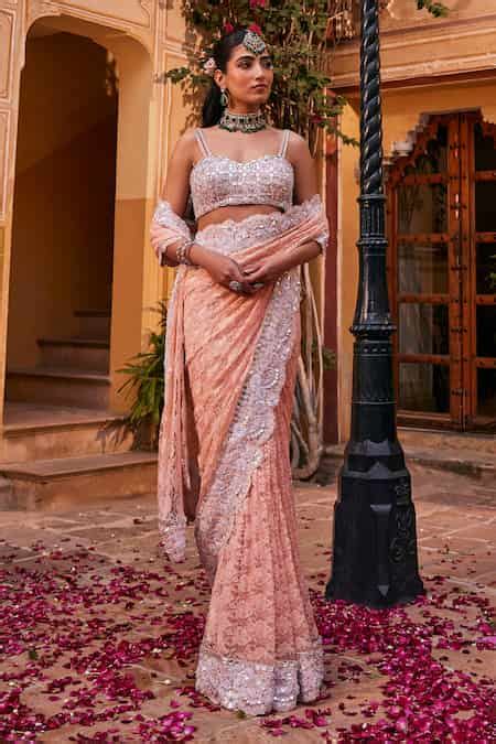 Buy Peach Silk, Lace Sequins, Cut Work, Stones Sweetheart Neck ...