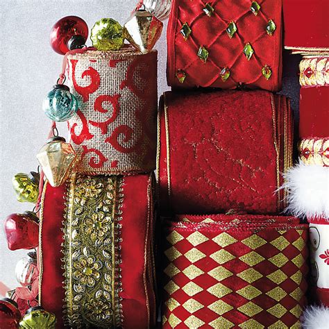 Red & Gold Burnout Velvet Damask Ribbon | Frontgate