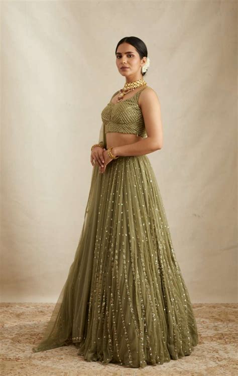 Olive Green Net Crepe Line Embroidered Lehenga Set – Astha Narang