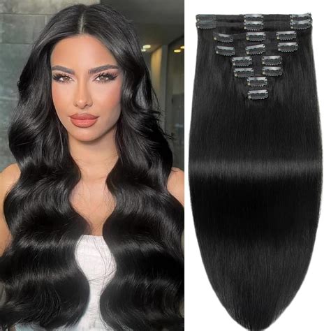Amazon.com : Clip in Hair Extensions Real Human Hair 18inch/100g Jet ...