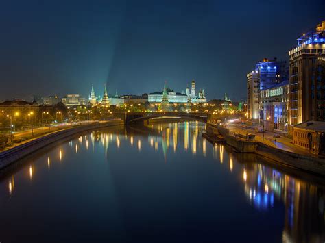 Фотография Москва Россия Реки Ночные Уличные фонари город Здания