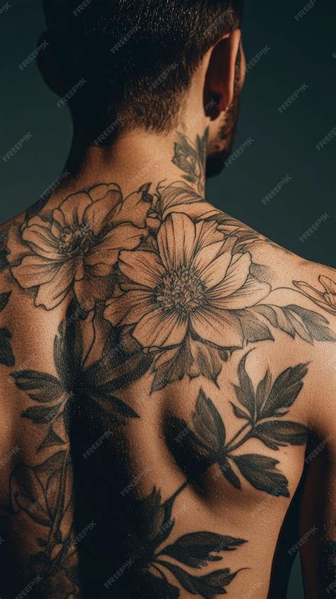 Man with floral tattoos on his back and neck studio shot Art and body ...