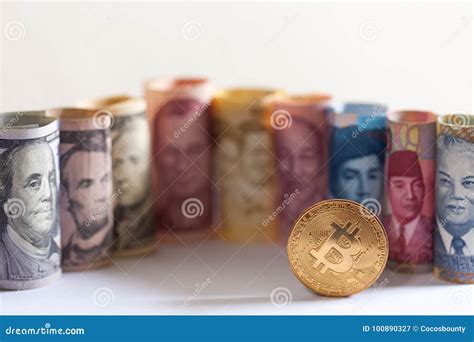 Bitcoin, Dollar Bills Nd Banknotes of Other Currencies of Different Countries Stock Image ...