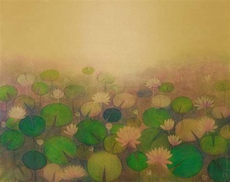 "Lotus Pond 4": Yellow Green Acrylic Painting by Ranjith Patil ...