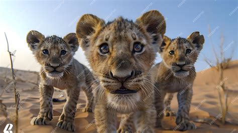 Premium Photo | Young lions in desert wideangle shot curious gazes at camera Concept Wildlife ...