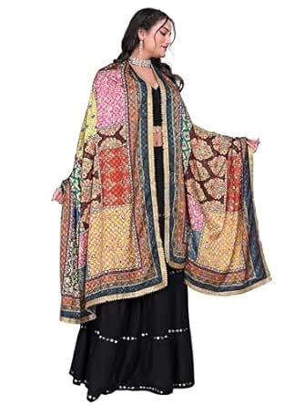 Buy KEMZA Silk Blend Printed Mirror Work Dupatta with Gota & Laheriya ...
