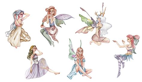 Forest fairy girl and elf with magic wings set. Watercolor hand drawn fairy tale illustration ...