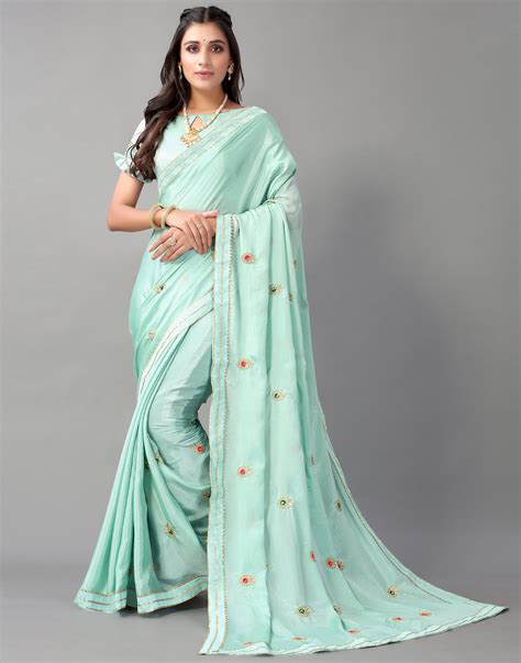 Aqua Green Chinon Saree | Leemboodi
