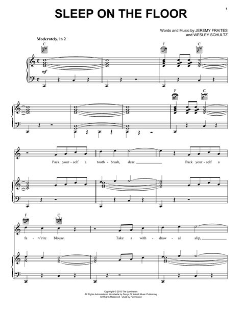 Sleep On The Floor by The Lumineers Sheet Music for Piano, Vocal ...