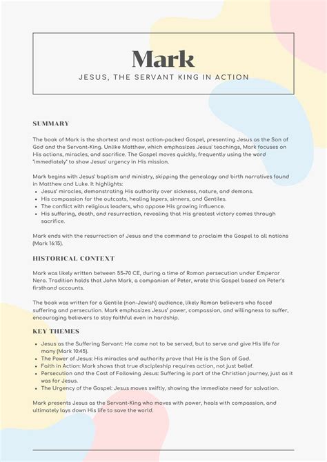 Mark Bible Summary Sheet Printable – The Fast-Paced Gospel of Action ...