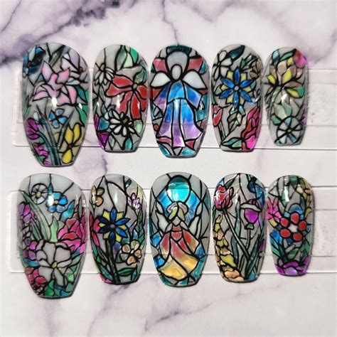 Floral & Angel Stained Glass Hand-painted Press-on Nails - Etsy Canada ...