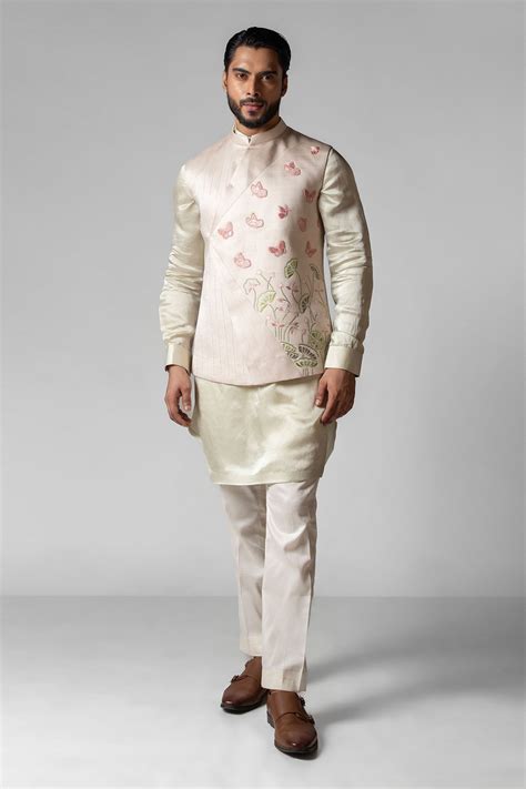 Butterfly — Dusty Ivory Overlapping Nehru with Lush Green Hexagon Kurta ...