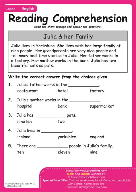 Free Printable Reading Comprehension Worksheets Grade 1