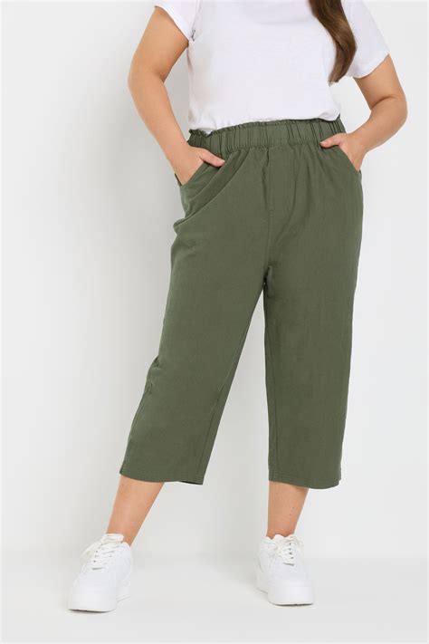 YOURS Plus Size Olive Green Cool Cotton Cropped Trousers | Yours Clothing