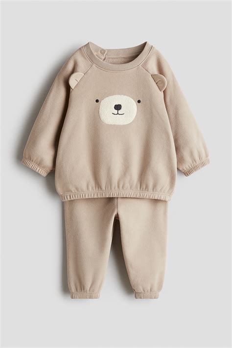 2-piece teddy-detail sweatshirt set - Beige/Bear - Kids | H&M IN