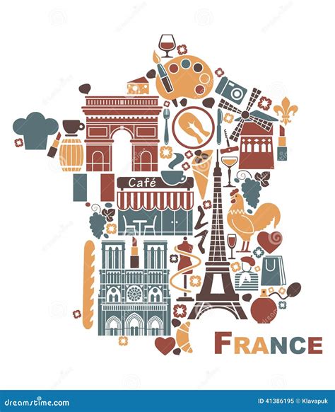 Symbols of France in the Form of a Map Stock Vector - Illustration of ...